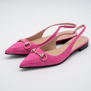 size 39.5G 9.5 US Gucci Horsebit Slingback Flat Pink GG Canvas